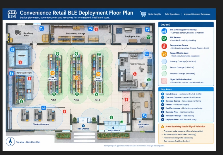 Top-down convenience store BLE floor plan showing gateways, sensors, beacons, assets, coverage, and signal validation areas.