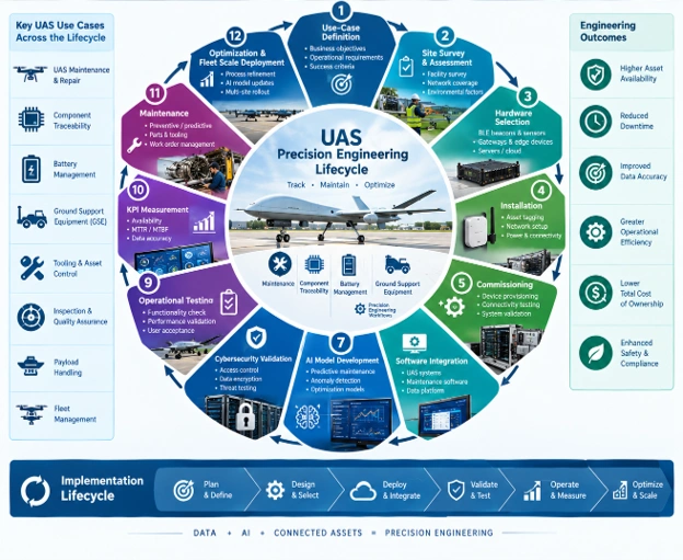 UAS precision engineering lifecycle showing planning, BLE deployment, AI development, testing, maintenance, KPIs, and scaling.